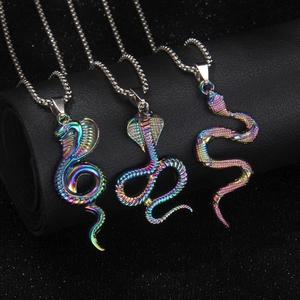 Rainbow plated stainless steel cobra snake pendant necklace with ball chain for men