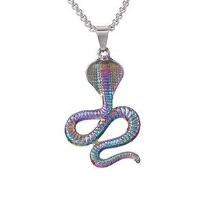 Rainbow plated stainless steel cobra pendant necklace with silver box chain for men
