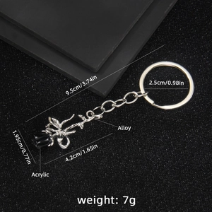 3D black rose keychain in alloy and acrylic with detailed dimensions and dimensions display