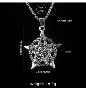 Dimensions du pendentif pentagramme crâne rétro sur longue chaîne en acier inoxydable