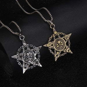 Collier Vintage Crâne de Pirate en Acier Inoxydable pour Hommes Pendentif Pentagramme Punk Gothique Chaîne Vénitienne Longue Bijoux Hip Hop