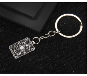 Détail macro du porte-clés Tarot argenté avec le motif La Roue de la Fortune émaillé