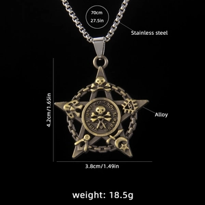 Collier pentagramme crâne pirate vintage en acier inoxydable avec chaîne de 70cm