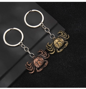 Detail of vintage metal crab keychains in bronze and gold finish with textured shells