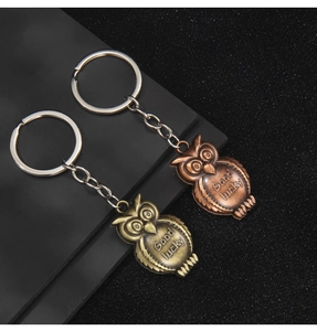 Detail of vintage owl keychains in bronze and red copper with Good Lucky engraving