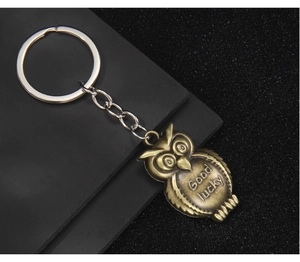 Close-up of vintage bronze owl keychain with Good Lucky engraving on metal texture
