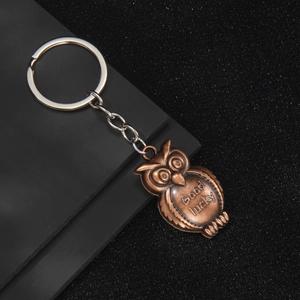 Vintage bronze owl keychain with Good Lucky engraving on black textured background