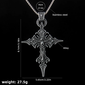 Gothic stainless steel skull cross necklace with detailed 70cm chain punk pendant