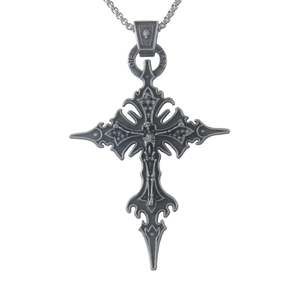 Gothic punk stainless steel cross pendant necklace with skull details and vintage silver finish