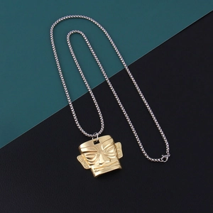 Collana con Pendente Maschera Sanxingdui Vintage Stile Cinese Acciaio Inossidabile Lega Catena Lunga per Maglione Gioielli