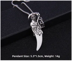 Gothic grim reaper scythe pendant with horn detail, size 5.5x1.5cm and weight 14g