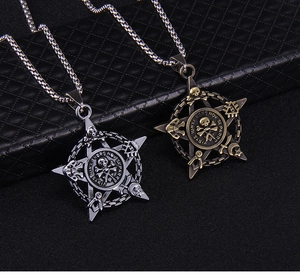 Macro detail of vintage pirate skull pentagram pendant in silver and bronze finish