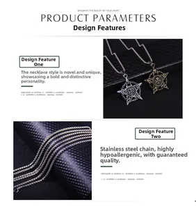 Detail of punk pentagram skull pendant in stainless steel with hypoallergenic square chain