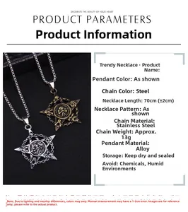 Detailed parameter display of vintage pirate skull and pentagram necklaces in silver and bronze