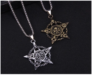 Detail shot of vintage pirate skull pentagram pendants in silver and bronze finish