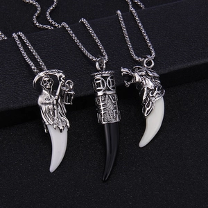 Gothic punk necklaces with skull reaper, wolf head pendants and faux wolf tooth charms