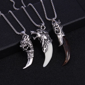 Vintage wolf tooth pendant necklaces for men with silver totem relief and steel chains