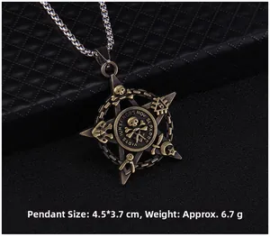 Macro shot of bronze gothic skull star pendant measuring 4.5 by 3.7 cm on black leather