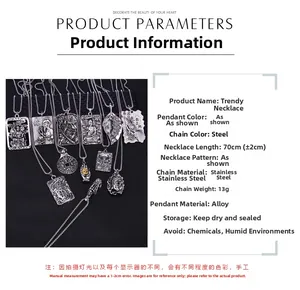 Detailed close-up of stainless steel Buddhist pendant necklaces with intricate Chinese symbols