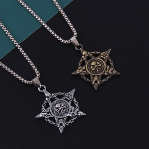 Retro Skull Pentagram Pendant Necklace With Stainless Steel Square Artificial Pearl Chain Gothic Punk Style Jewelry