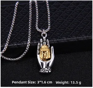 Detail view of Buddha head pendant with hands holding design and dimension specs