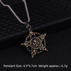 Vintage gothic pirate skull and pentagram pendant necklace on long stainless steel chain