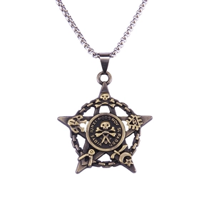 Vintage bronze pirate skull necklace with pentagram and masonic symbols on white background