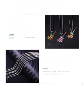 Macro detail of guitar pendant with flag enamel patterns on stainless steel chain