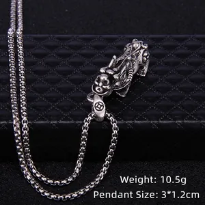 Vintage Pixiu pendant necklace in sterling silver finish with detailed mythical creature design