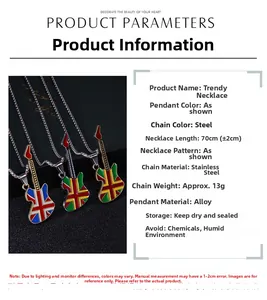Detailed table showing 70cm stainless steel guitar pendant dimensions and material specs