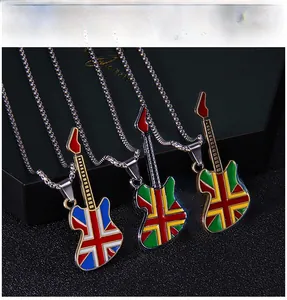 Detail of guitar pendant necklaces featuring enamel Union Jack and reggae color patterns