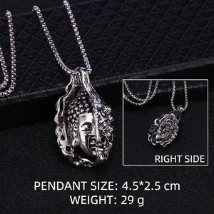 Retro stainless steel Buddha and skull pendant necklace with box chain jewelry
