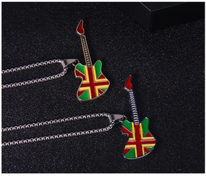 Detailed macro view of electric guitar pendants with Union Jack motifs on bead chains