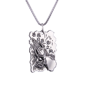 Retro Buddhist pendant necklace with praying hands and prayer beads on a cross chain