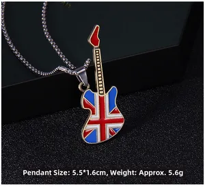 Detailed view of Union Jack guitar pendant necklace showing 5.5x1.6cm dimensions and weight