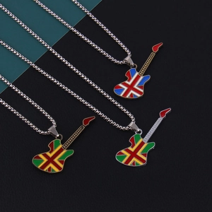Rock Style Stainless Steel Guitar Pendant Necklace Multicolor Enamel British Flag Music Accessory Individual Jewelry Gift For Women Men