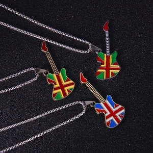 Rock style guitar pendant necklaces with enamel flag patterns and silver chains