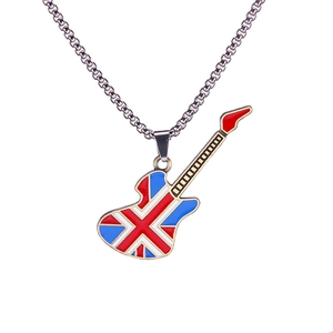 Rock style electric guitar necklace with British flag enamel pendant on metal link chain