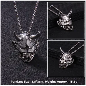 Macro detail of silver demon mask pendant showing 3.5x3cm size and 15.6g weight metrics