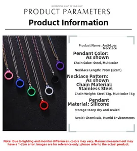 Macro detail of stainless steel bead chain and colorful silicone ring for device pendant