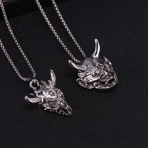 Gothic punk Hannya mask and horned skull pendant necklace set in vintage silver finish
