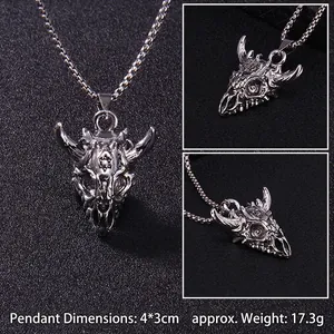 Punk style silver bull skull pendant necklace with hexagram detail and long chain