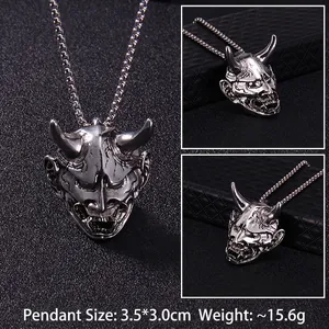 Punk style silver devil mask pendant necklace with detailed engravings and box chain for men