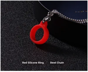 Detail of red silicone ring and steel bead chain with lobster clasp for vape lanyard
