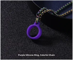 Close-up of rainbow metal chain with purple silicone ring for electronic devices