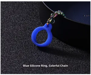Blue silicone ring with iridescent multicolor metal chain and secure lobster clasp