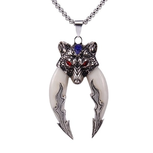 Gothic wolf head necklace with red eyes and tooth pendants on long stainless steel chain