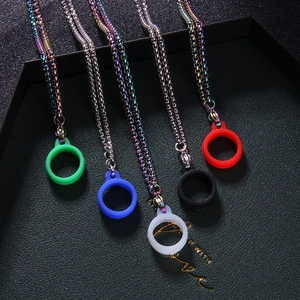 Five colored silicone O-rings with silver and rainbow stainless steel neck chains
