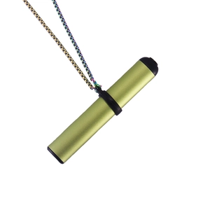 Green cylindrical steel pendant on a rainbow chain necklace for portable devices