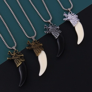 Gothic Dragon Head Wolf Tooth Pendant Necklace Stainless Steel Chain Alloy Acrylic Fang Necklace For Men Jewelry